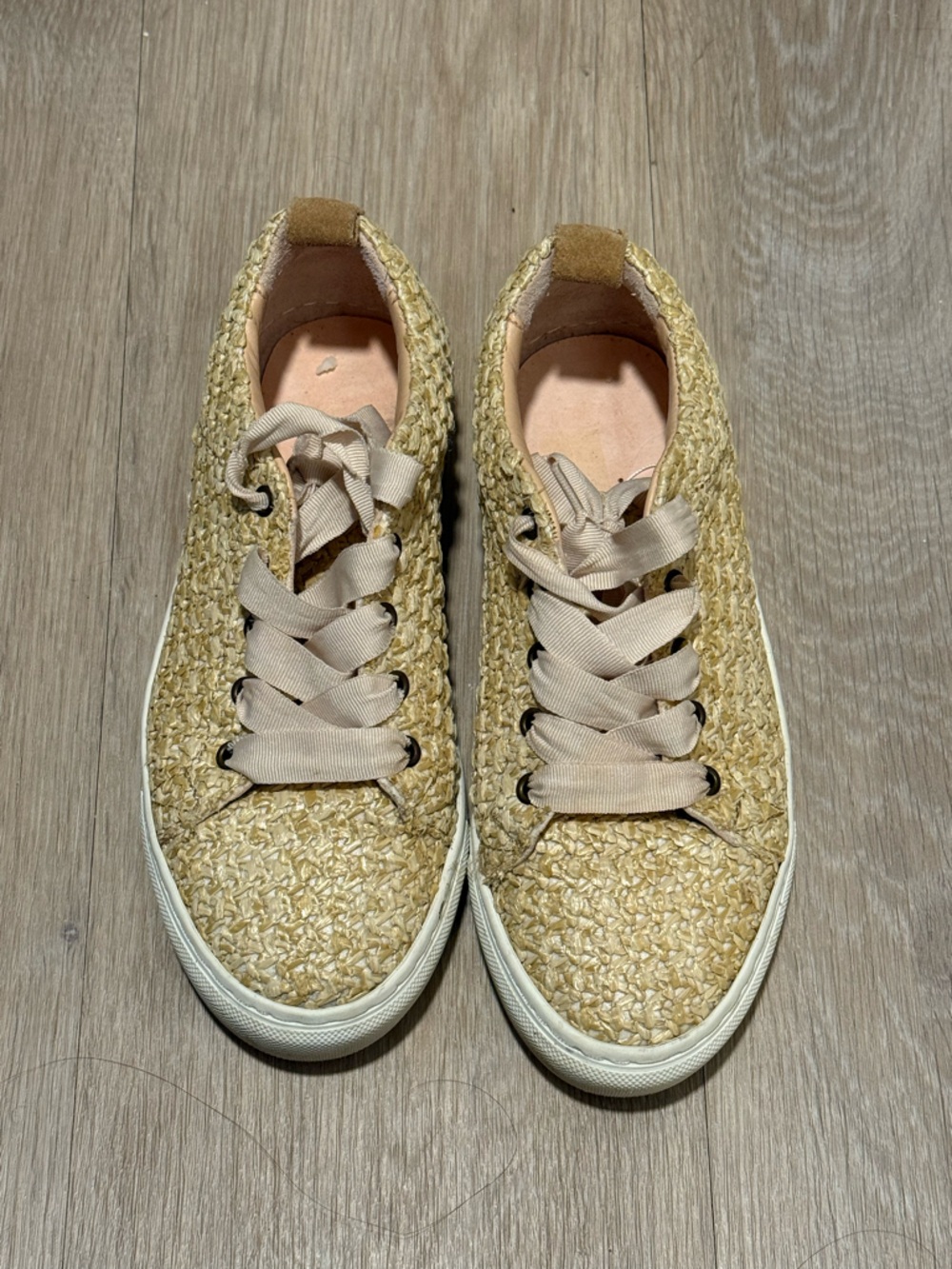 Women’s Woven Straw Lace-Up Sneakers in Natural Beige